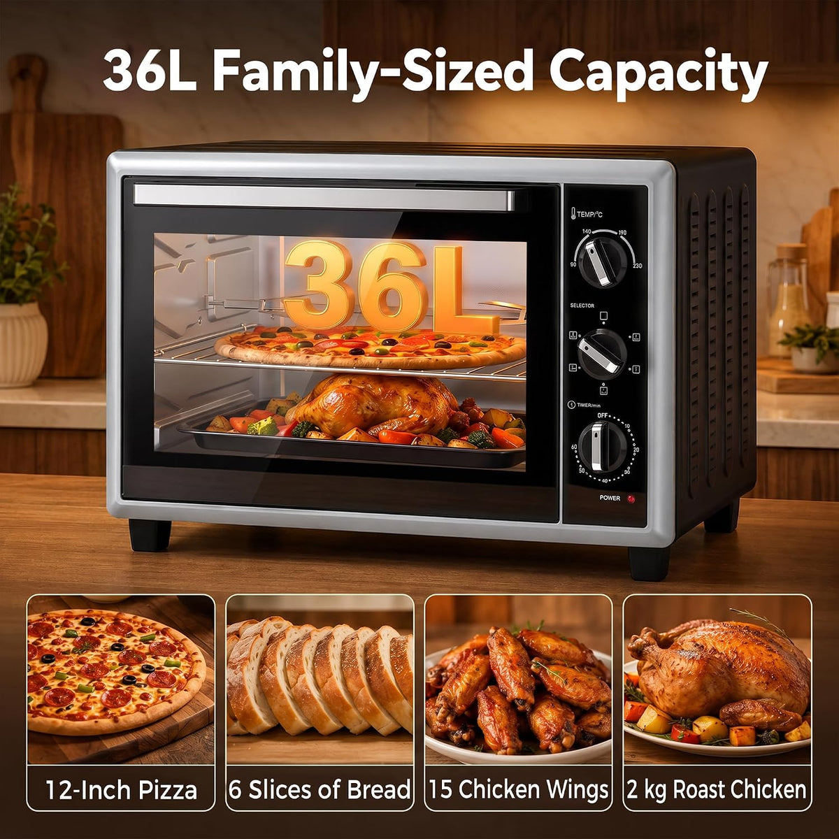 HOMCOM 36L Mini Oven with Convection, Rotisserie, Preheat, 1500 W, Black