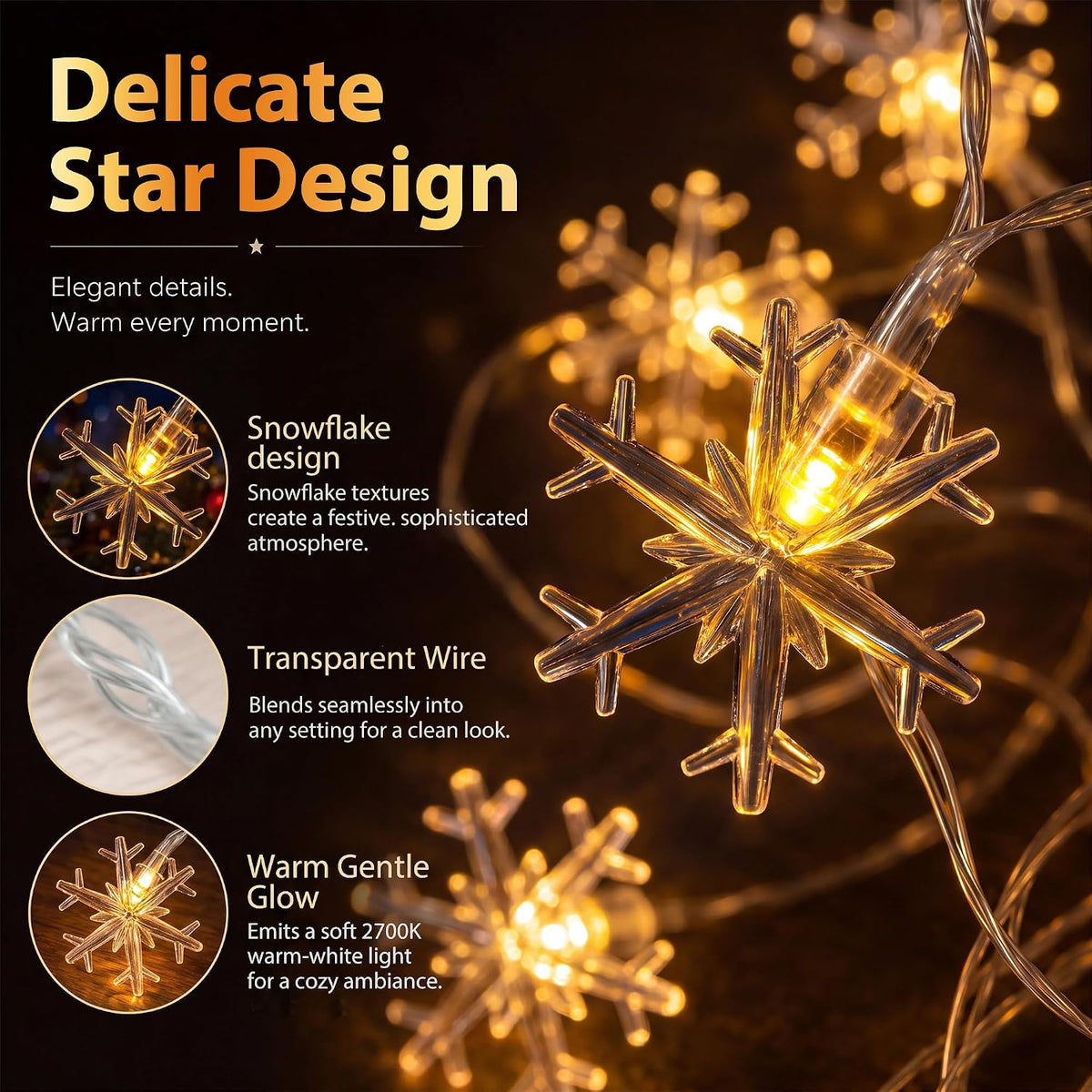 Fulighture Fairy Lights Battery Operated: 5m 16ft 40LED Snowflake