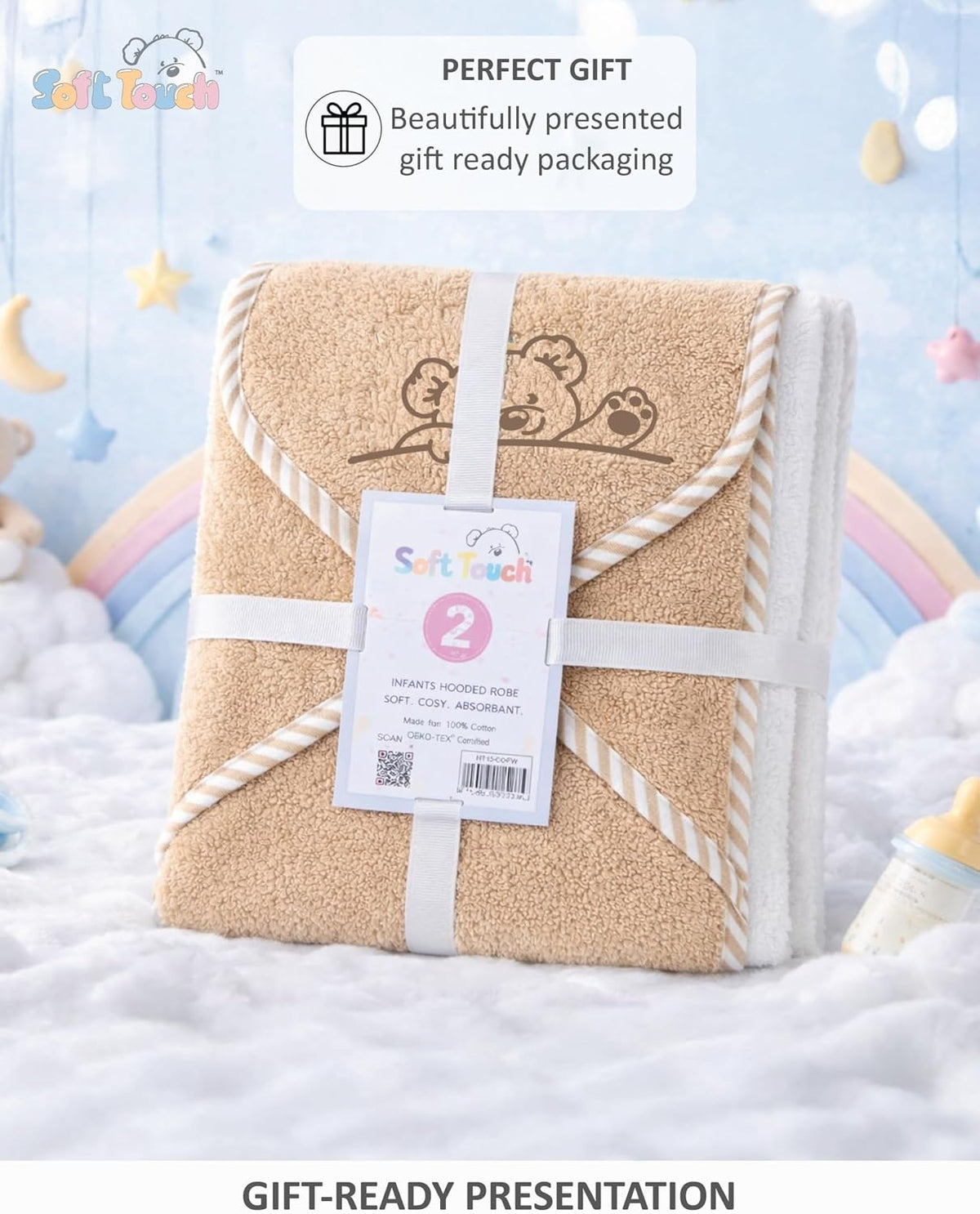 Soft Touch Newborn Essentials 100% Cotton Embroidered Hooded Baby Towel 70 x 70cm for Baby Boys and Girls 0-24 Months (2-Packs)
