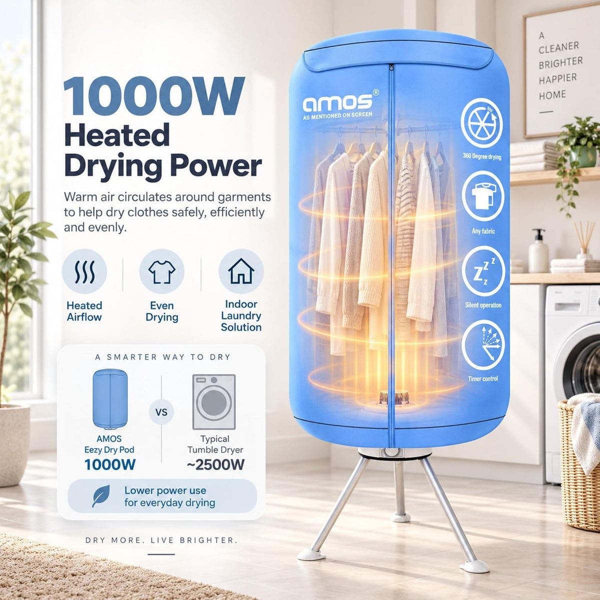 AMOS Eezy Dry Pod Heated Electric Clothes Dryer 10KG Capacity 1000W Indoor & Outdoor Folding Airer for Laundry Large Foldable Rack for Fast Drying With Cover (Dry Pod)