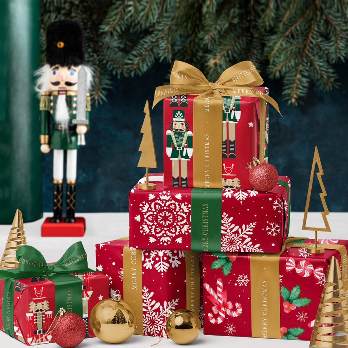 RUSPEPA Christmas Wrapping Paper Roll - Mini Roll - 3 Rolls - 43.2cm x 3m Per Roll - Bird, Christmas Garland, Holly and Pinecones Holiday Design with Metallic Foil Shine