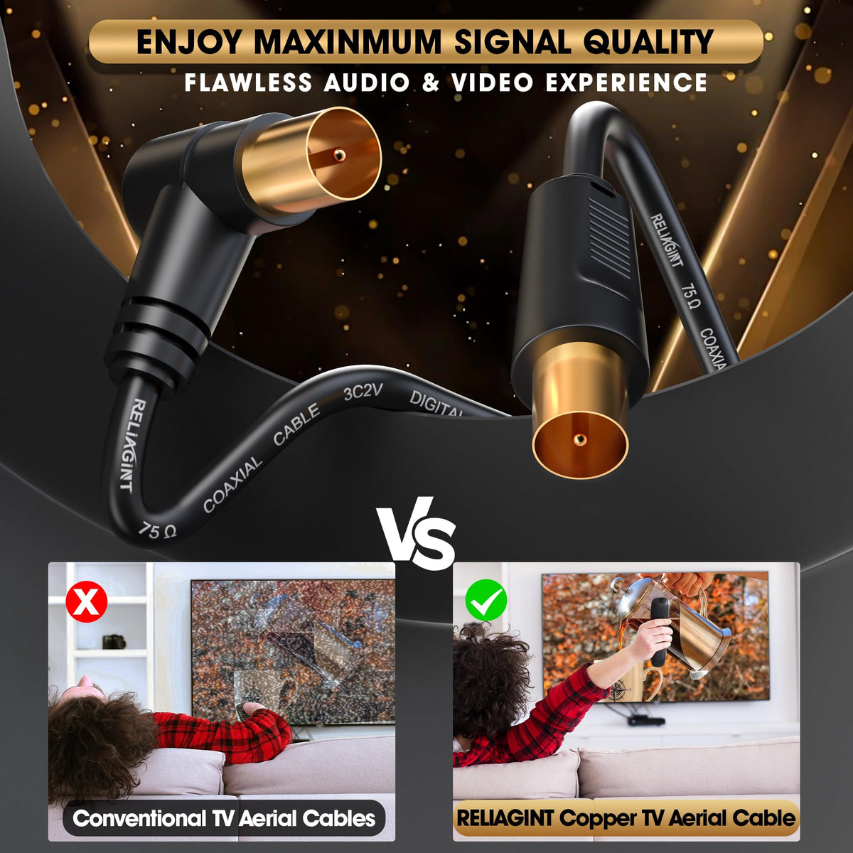 TV Aerial Cable 1m, 75 Ohm Coaxial Lead, IEC 9.5mm Male to Male 3C2V Pure Copper Dual Shielded, Right-Angle Connector, Female to Female Adaptor Included, Black