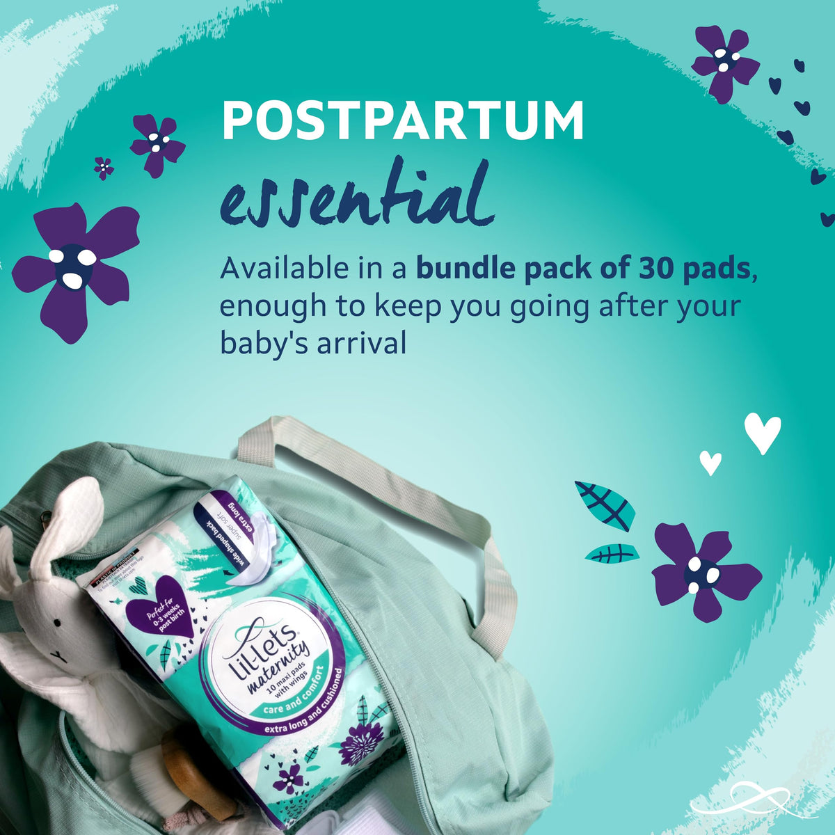 Lil-Lets Maternity Pads, Extra Long Maxi Thick Towels, With Wings, Postpartum/After Birth Essential, 3 Packs of 10 (30 towels), Packing May Vary