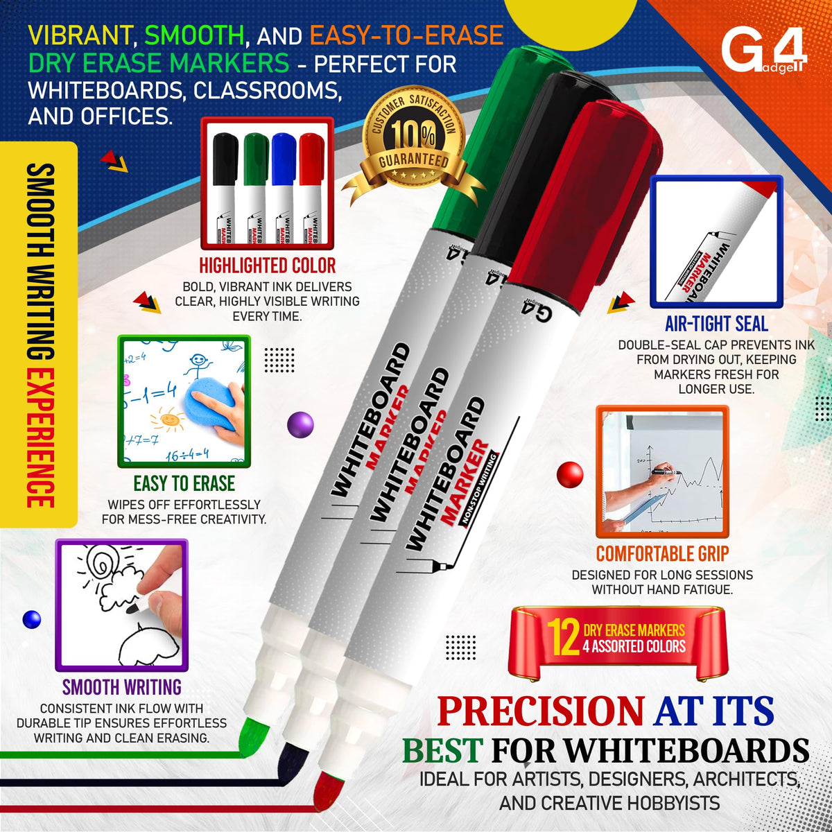 G4GADGET Nice Style Pack of 10 Non-Toxic Ink Black Colour Whiteboard Dry Wipe Marker Pens Bullet Tip
