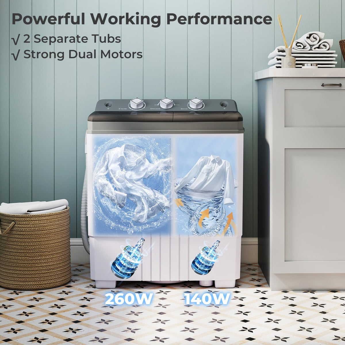TANGZON Twin Tub Washing Machine, 8KG Portable Washing Machine Spin Dryer