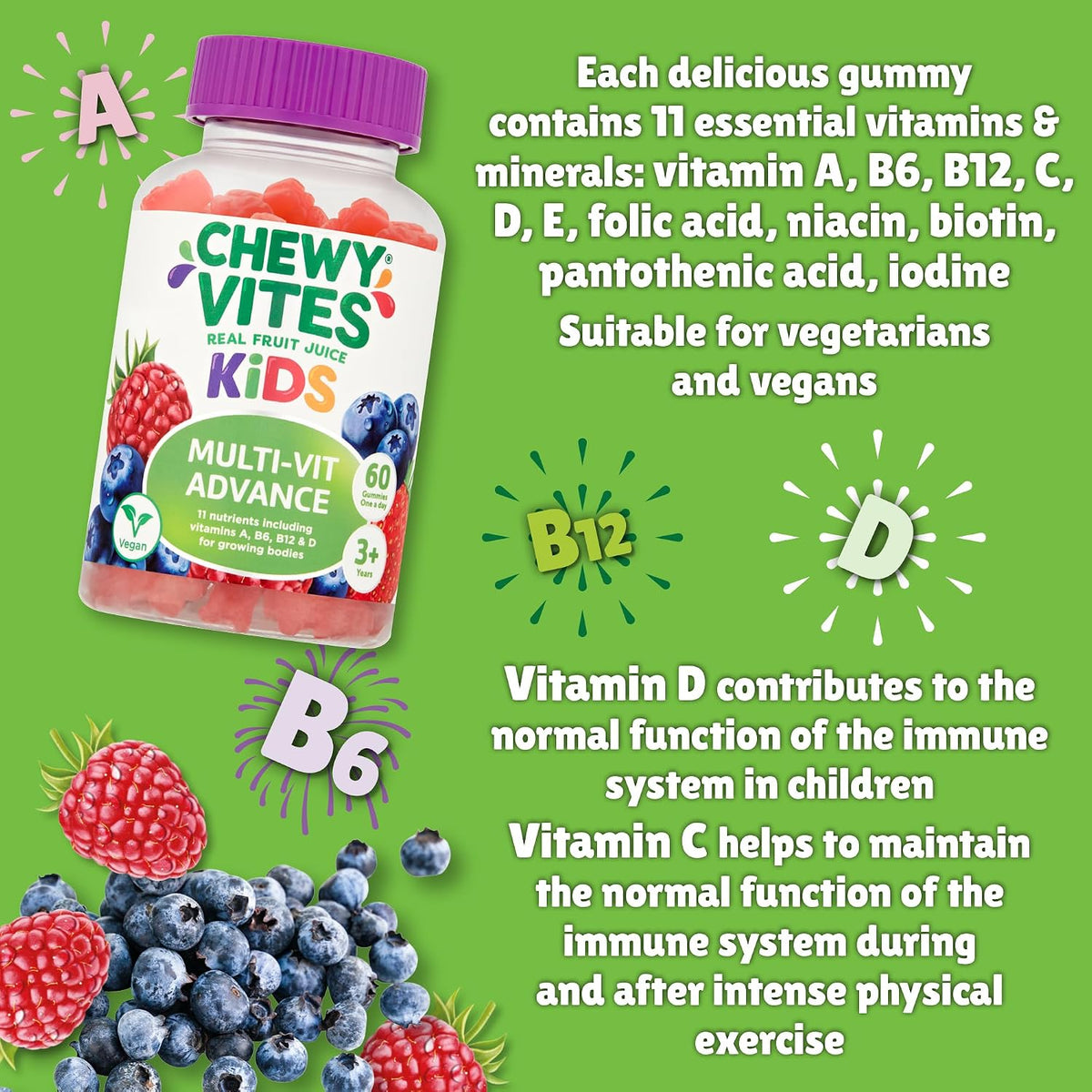Chewy Vites Kids Multivitamin Advance, 60 Kids Vitamins Gummies, 11 Essential Nutrients, 2 Months Supply, Real Fruit Juice, Vegan, Age 3 +, Blueberry and Raspberry Flavour