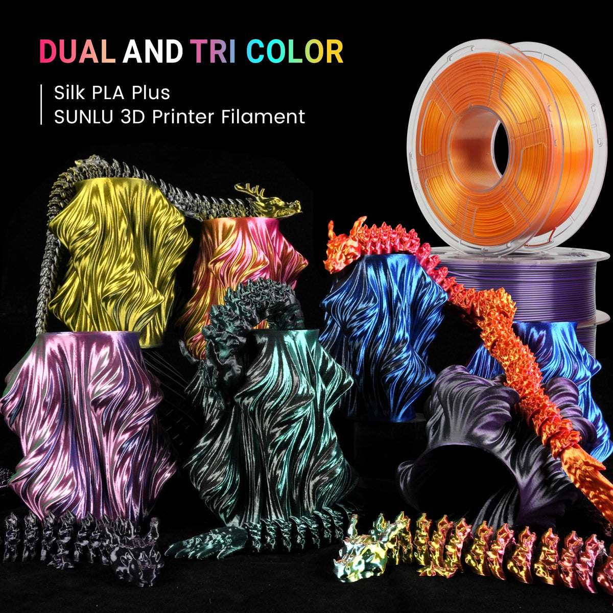 SUNLU Silk PLA+ Filament, Shiny Metallic Silk 3D Filament 1.75mm