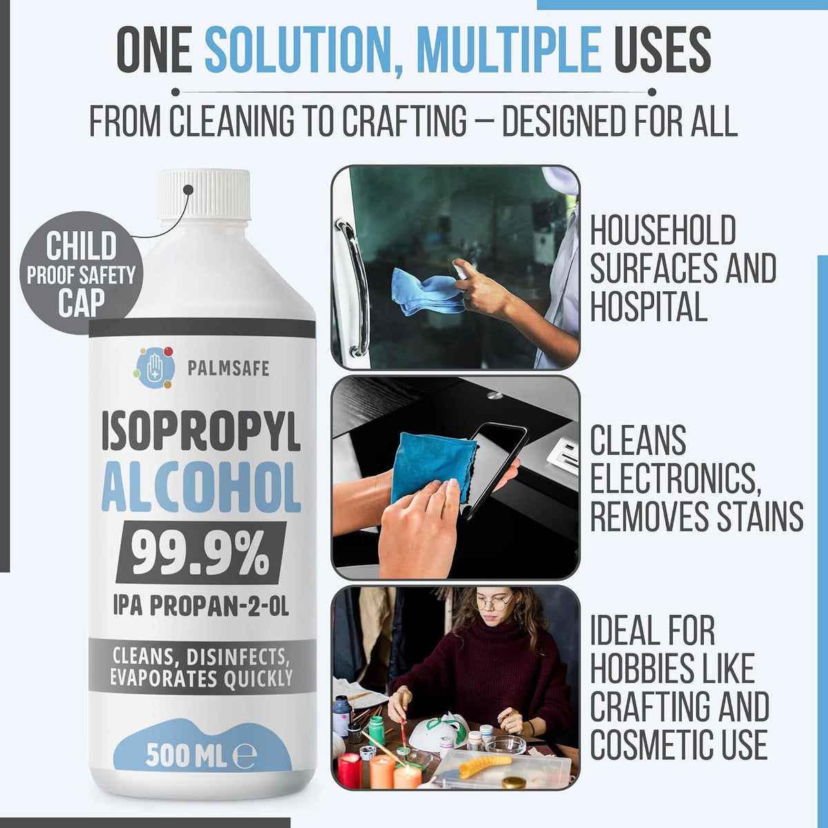 Isopropanol Alcohol IPA 99.99% 500ml Disinfectant for Household, Hospitals Office - Electronics, Stains, Grease, Glue and Paint Cleaner Easy Pour