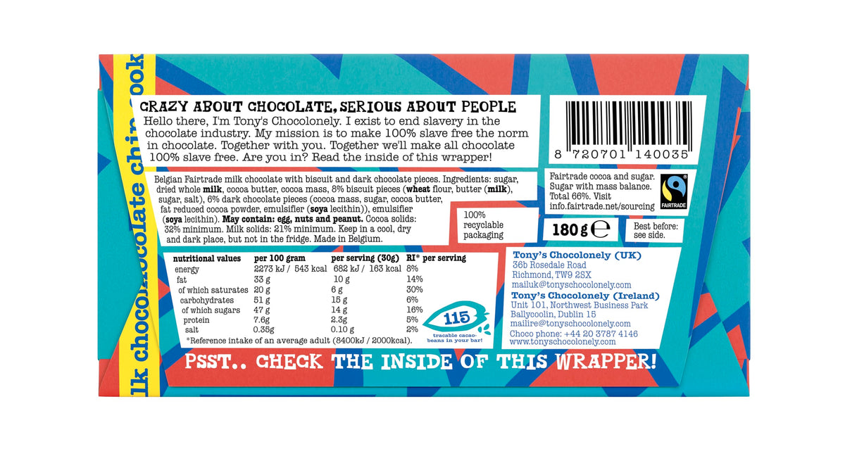 Tony's Chocolonely Milk Chocolate Bar - 180g Belgian Fairtrade Chocolate, Gift, 32% Cocoa, Vegetarian