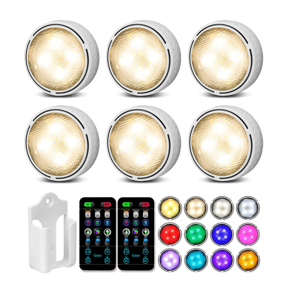 Onumii Under Cupboard Kitchen Lights Battery Operated LED Under Cabinet Lighting, Stick on Wardrobe Lights Under Counter with Remote Control, RGB Puck Light, 6 Pack - Black