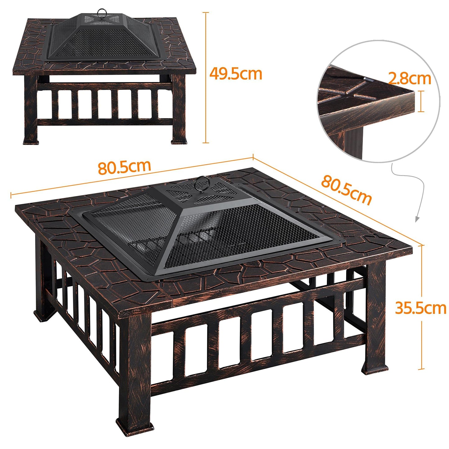 Yaheetech Outdoor Fire Pit 81cm Square Fire pits 3-in-1 Heat-resistant Metal Garden Stove for Barbecue, Heating, Cooling Drinks with Cover & Poker, Black