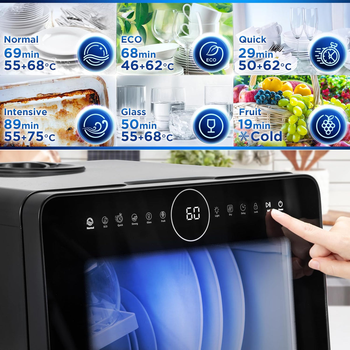Duronic Table Top Dishwasher DW5 BK 950W Compact Tabletop Dish Washer Mini 5L Dishwashers with 8 Wash Cycles Electric Countertop Cleaner for Quick Eco Cleaning Plates Glass Cutlery Fruit (BLACK)