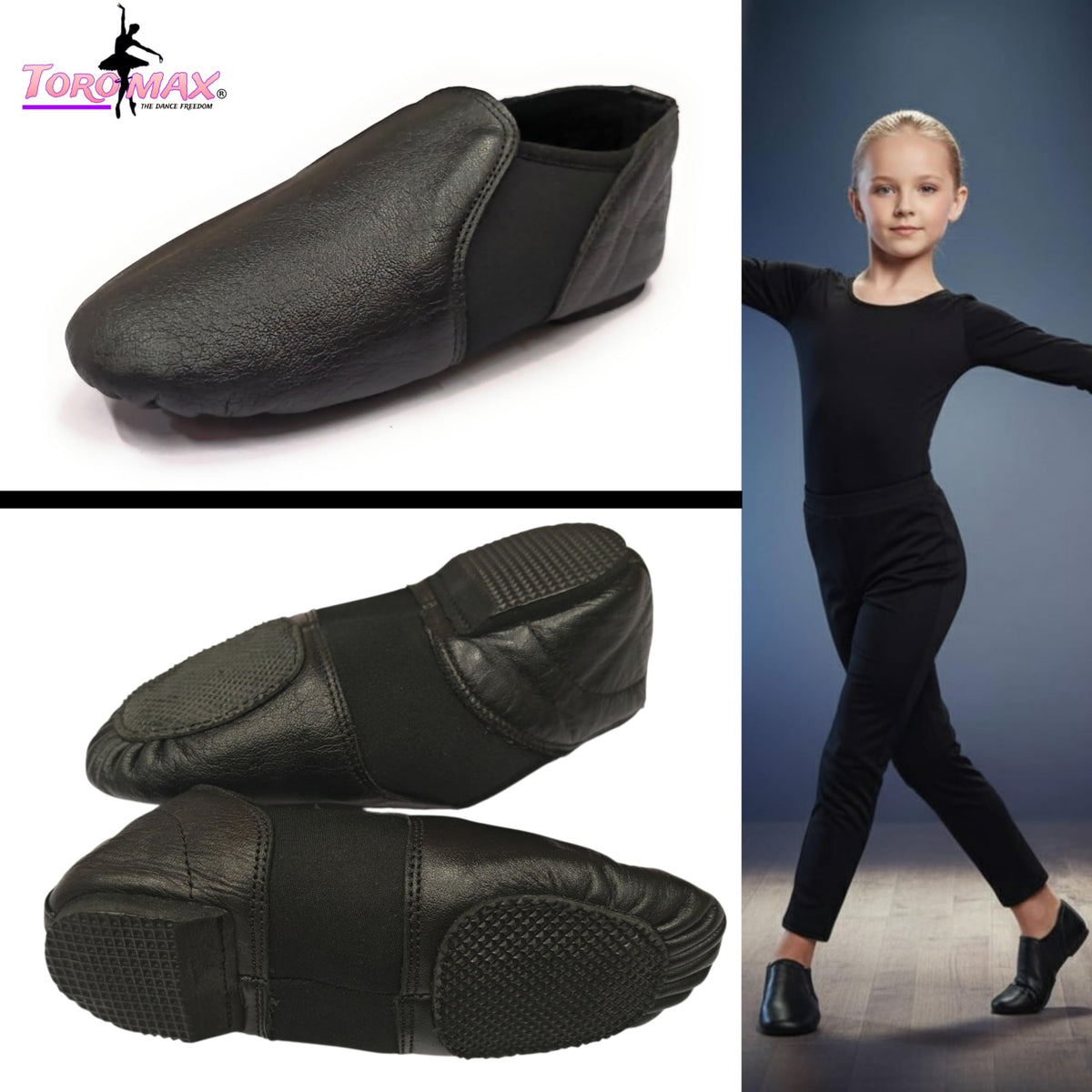 Slip On Jazz Dance Shoes - Black Leather - Modern Stage Rubber Heel Split Sole – Neoprene - Irish Dancing Pumps for Kids, Girls & Children