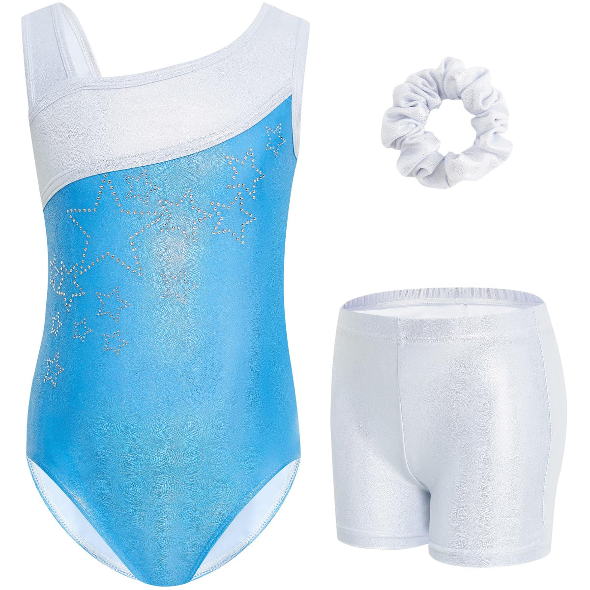 Gogokids Girls' Three-Piece Gymnastics Set, Sleeveless Leotards with Shorts and Hairband, Sparkling Ballet Dancing Unitards - Gymnastics Outfit with Gradient Color Design for 3-12 Years
