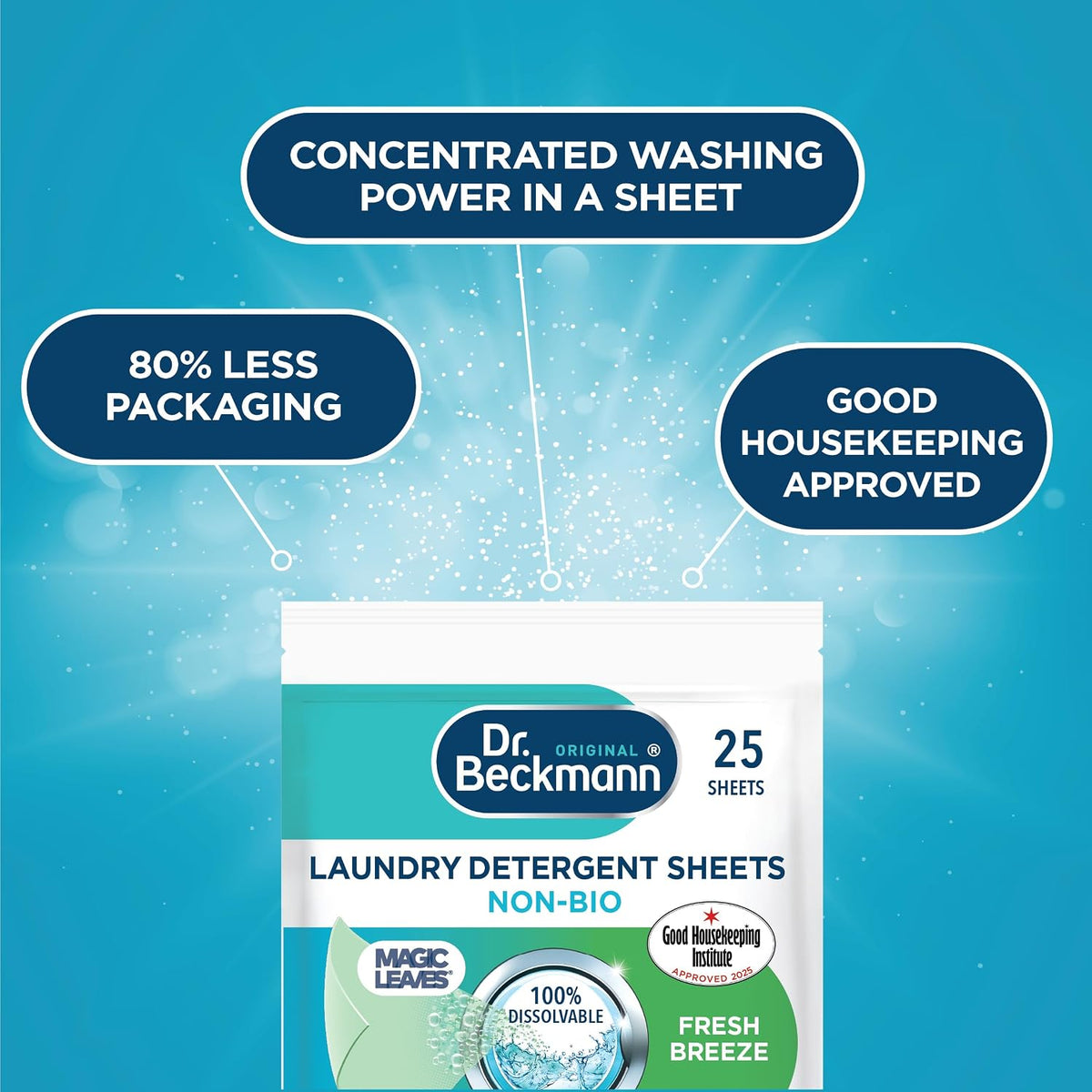 Dr. Beckmann Laundry Detergent Sheets, NON-BIO, Fresh Breeze, 25 Sheets
