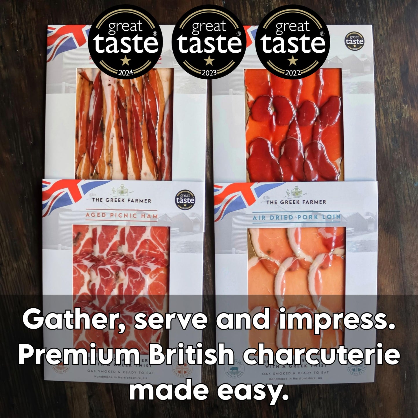 The Greek Farmer Signature 8 Piece Charcuterie Collection | Cured Meats & Cold Cuts | Artisan Charcuterie Gift | British Free-Range Pork | 5-Star Great Taste Award | Ideal Foodie Gift & Savoury Hamper