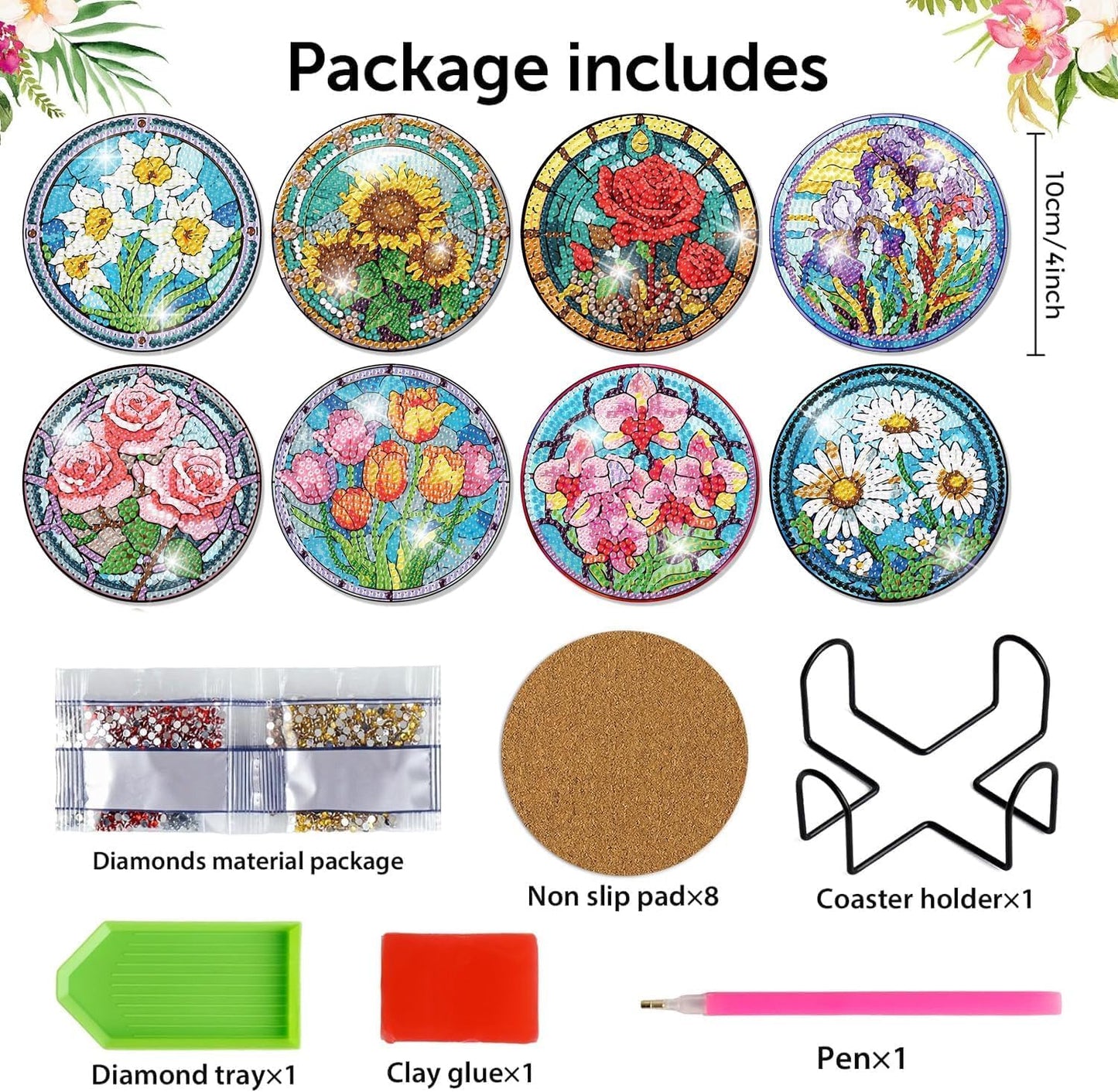 8 Pcs Flowers Diamond Art Coasters Kits for Adults Begainners,Full Drill Diamond Painting Coasters Kit with Holder,DIY Gem Painting Craft Kits for Adults Supplies Gift (Flowers).