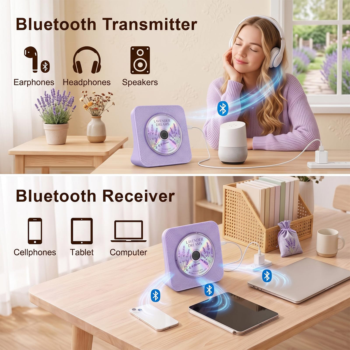 Portable CD Player with Bluetooth, Gueray Desktop CD Players for Home, Bulit-in Double HiFi Speakers, AUX&Headphone Jack, FM Radio Boombox with Remote Control, USB Port,LCD Display (Blue)