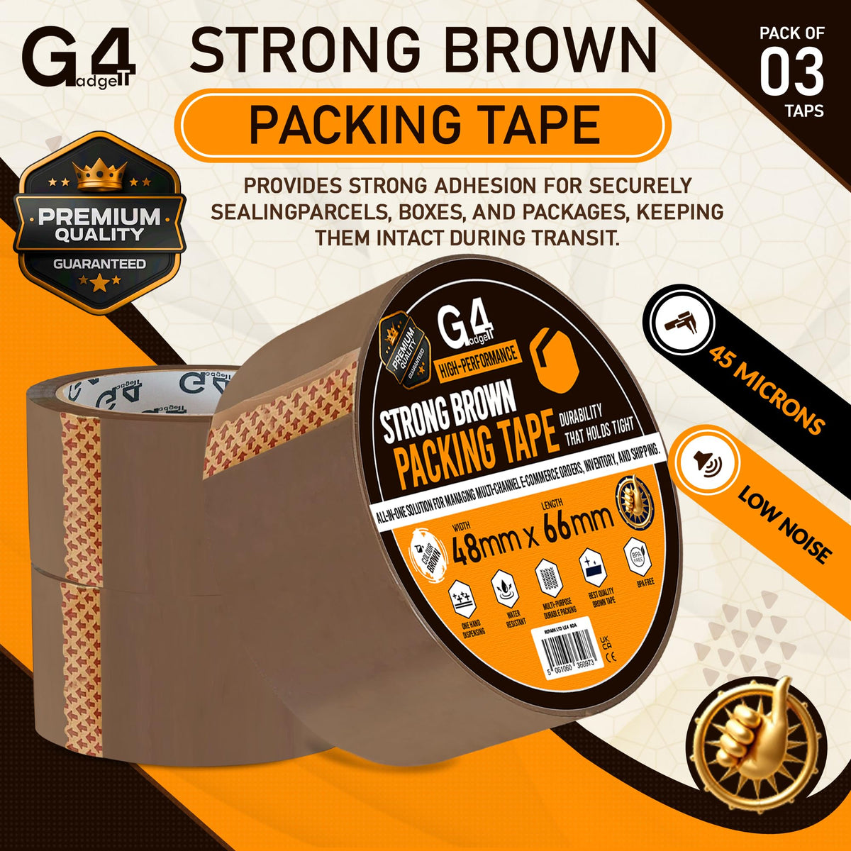 G4GADGET Pack of 3 Clear Packing Tape - Heavy Duty Transparent Tape 48mm x 66m - Ideal for Moving, Packing Boxes, and Secure Packaging