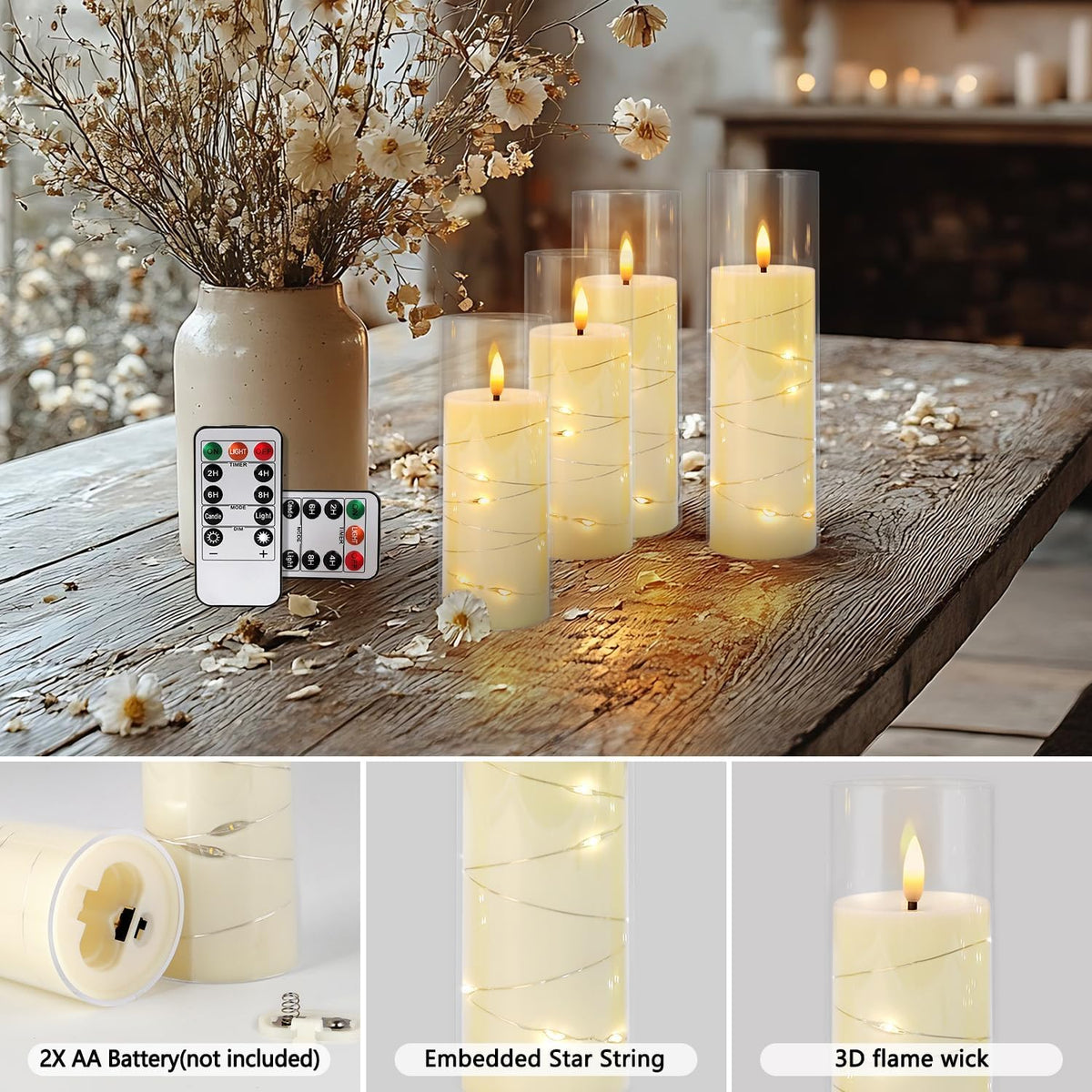 LIVEN Flickering Flameless Candles Battery Operated with Remote,Led Pillar Candles with Realistic Moving Wick Candles for Halloween,Christmas,Home Decor Pack of 12 (D2.2 xH 5" 6" 7")(White)