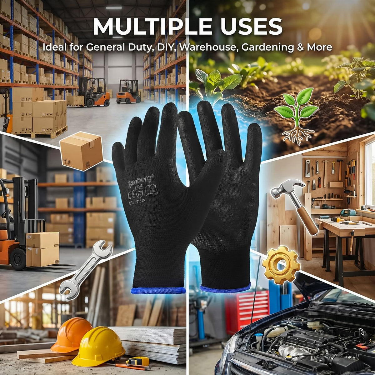 Rainberg Pack of 12 or 24 Safety Gloves, Work Gloves, with Secure Grip on Palm & Fingers, PU and Nylon Non-Slip Gloves, Ideal for General Duty Work, Gardening. (Pack of 12 Pair's, Medium)
