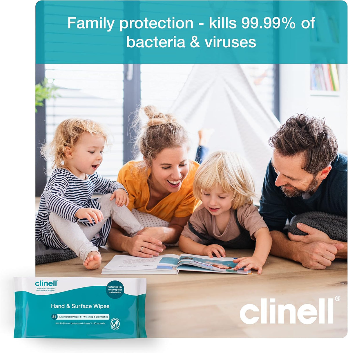 Clinell Antimicrobial Hand Wipes for Cleaning & Disinfecting - Sanitising Wipes, Ideal for Travel - Dermatologically Tested, Kills 99.99% of Bacteria & Viruses - 84 Wipes