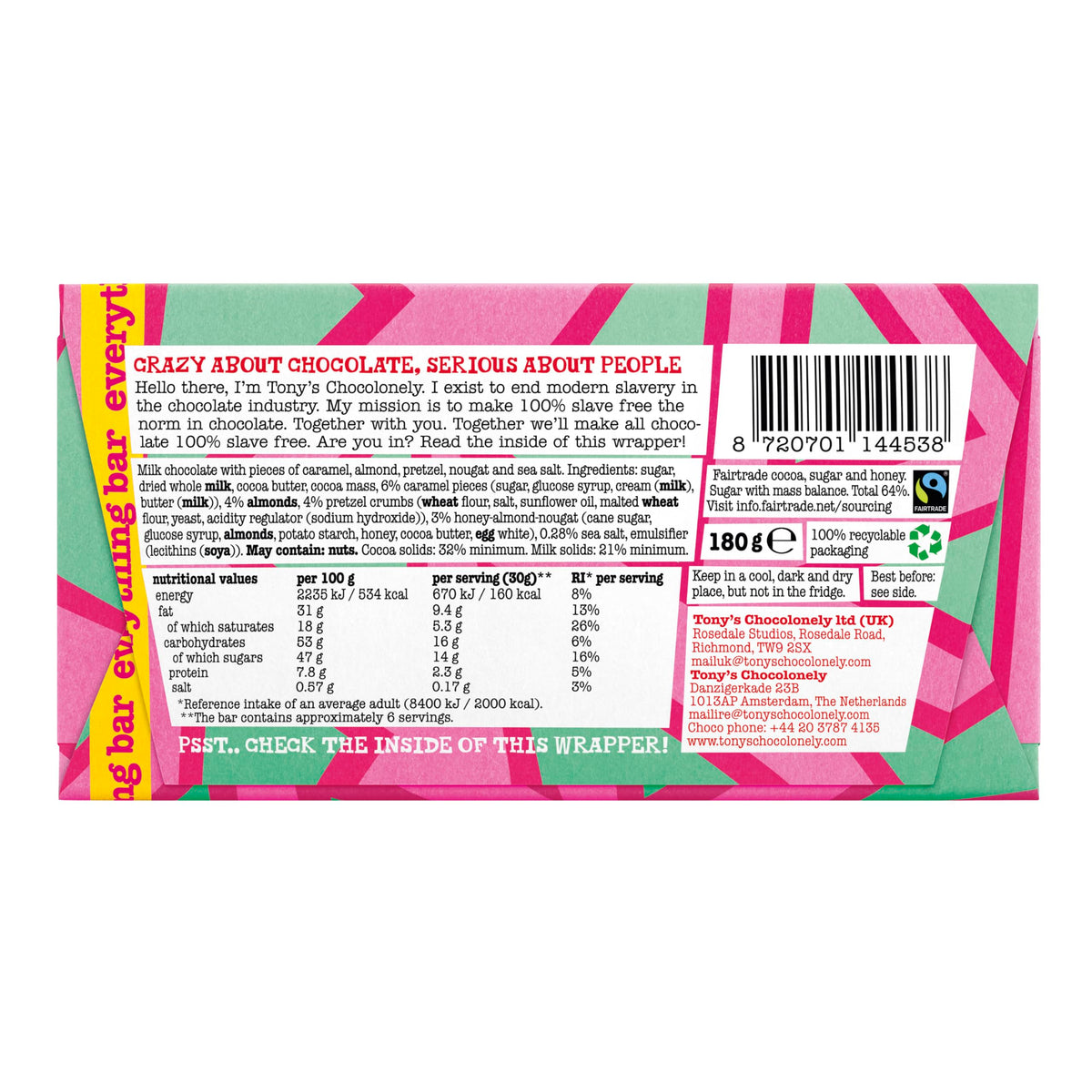 Tony's Chocolonely Milk Chocolate Bar - 180g Belgian Fairtrade Chocolate, Gift, 32% Cocoa, Vegetarian