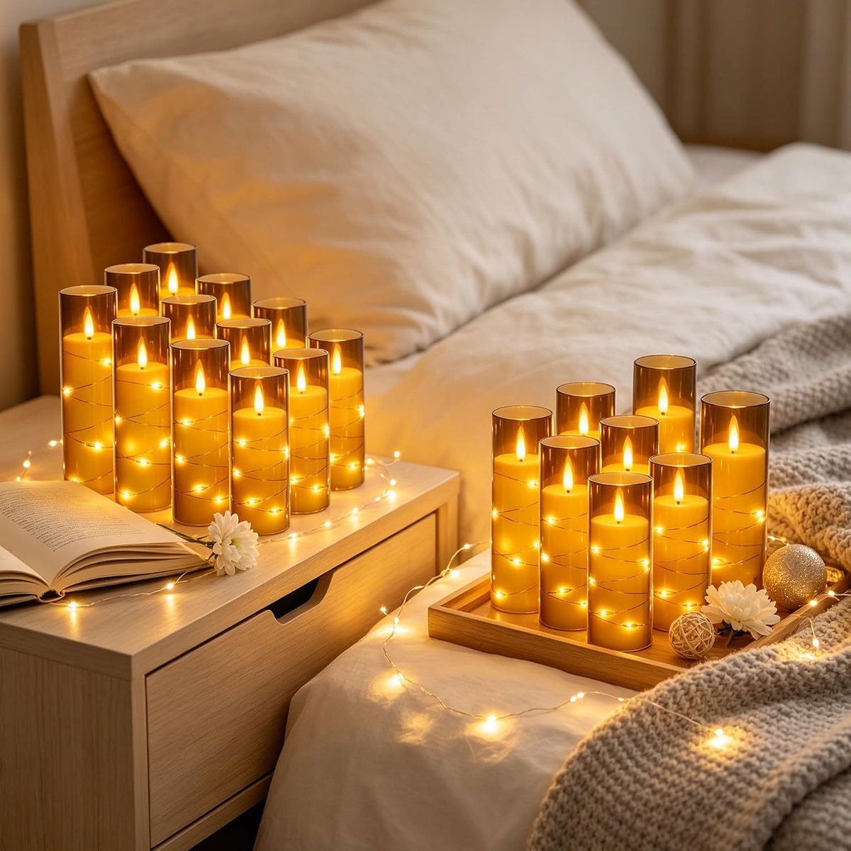5 Pack Ivory Transparent Taper Candles, Black Wick Flickering Flameless LED Candles with Fairy Lights, Heat Resistant Reusable Plastic Candles, Remote Control, 14/14/16/18/20cm, Indoor Outdoor Decor
