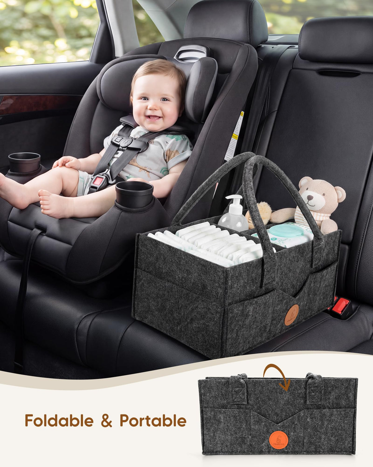 Maliton Nappy Caddy Organiser with 8 Pockets & Removable Dividers (Khaki)