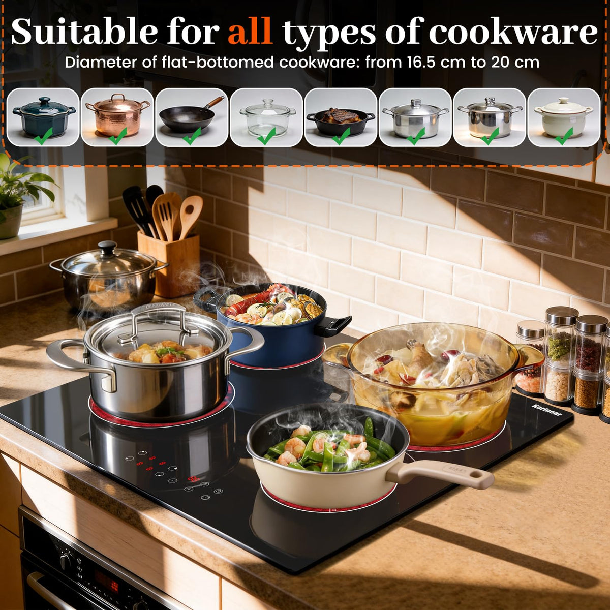 Karinear Electric Ceramic Hob 60cm 4 Zones with Built-in Extractor Hood
