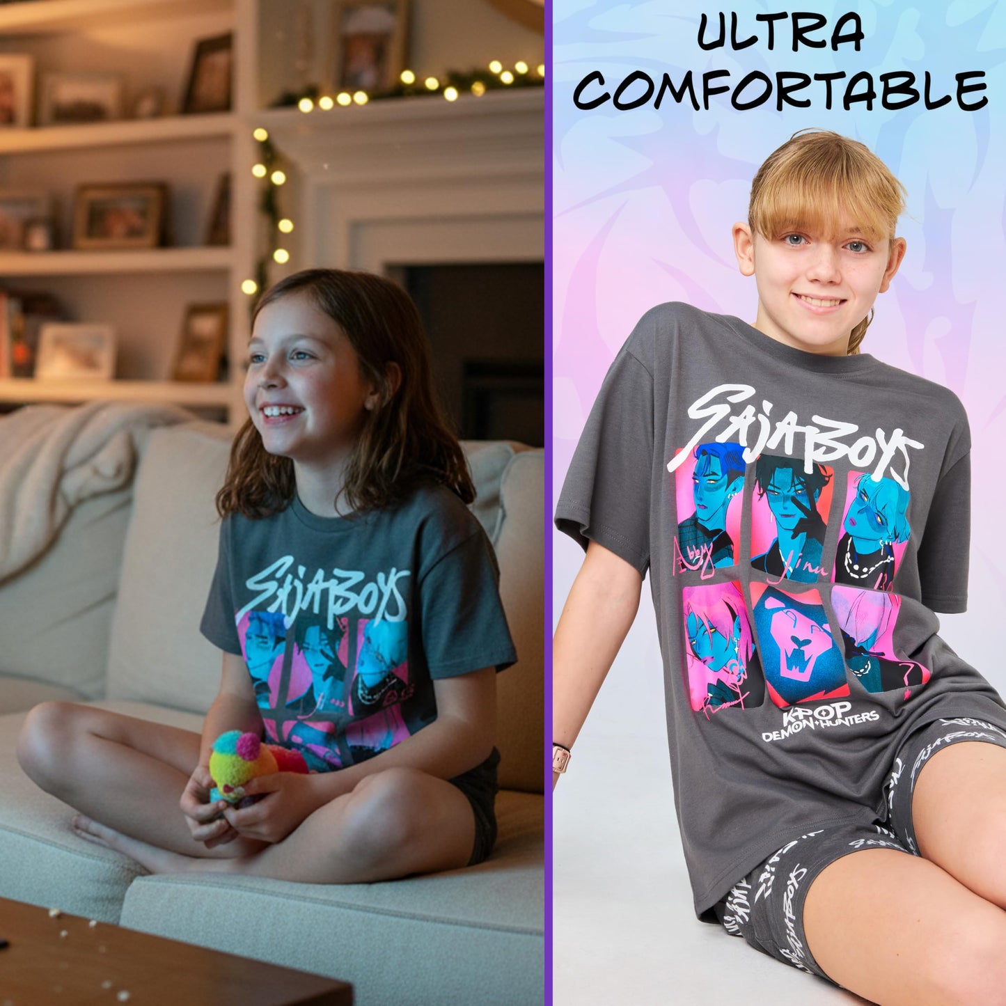 KPop Demon Hunters Official Girls Pyjama Set 5-14 Yrs, 2 Pcs Pjs Shorts & T-shirt, Huntrix Saja Boys Derpy Tiger Merch Gifts