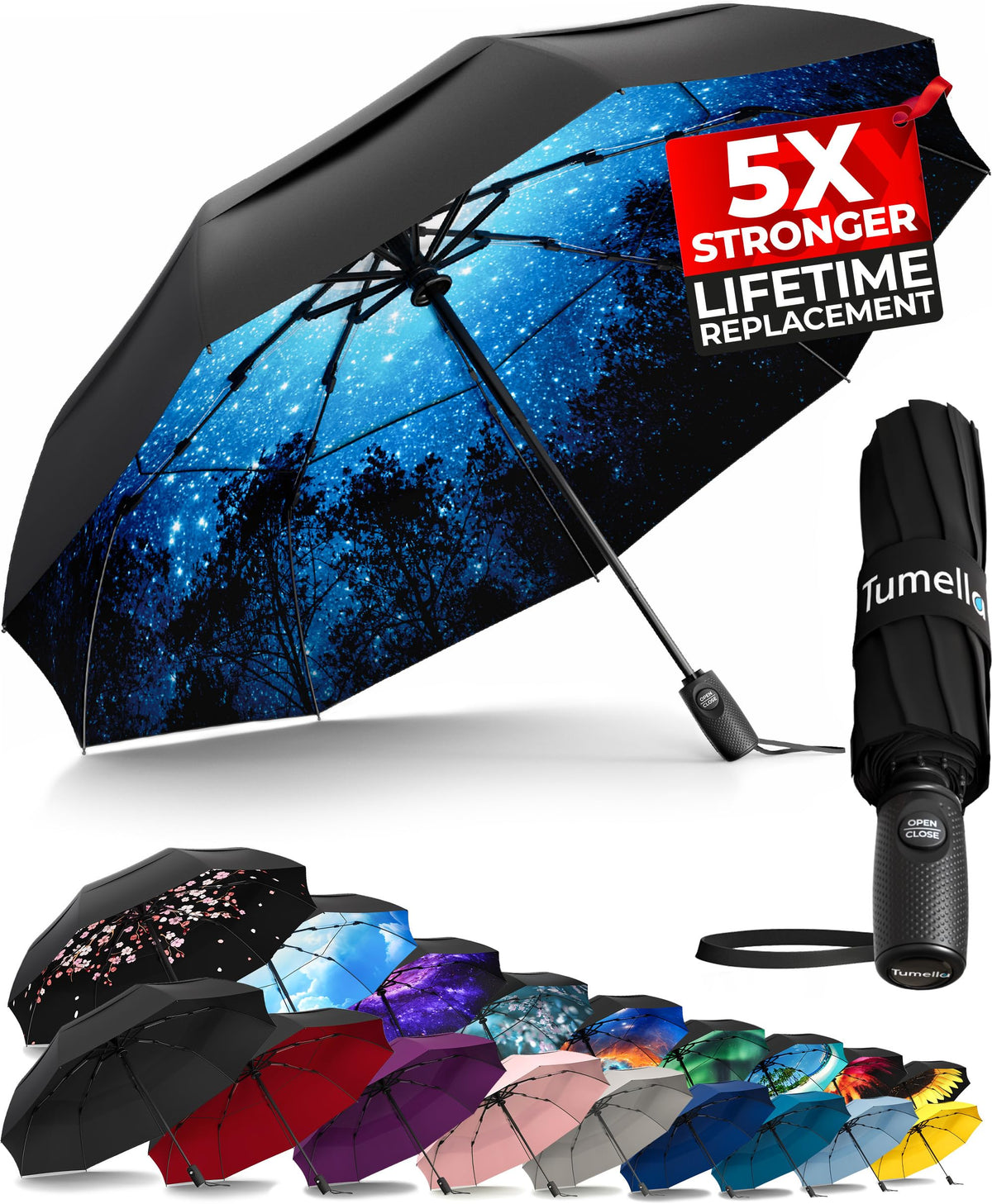 TUMELLA Strongest Windproof Travel Umbrella (Compact, 100MPH Wind-Tested)