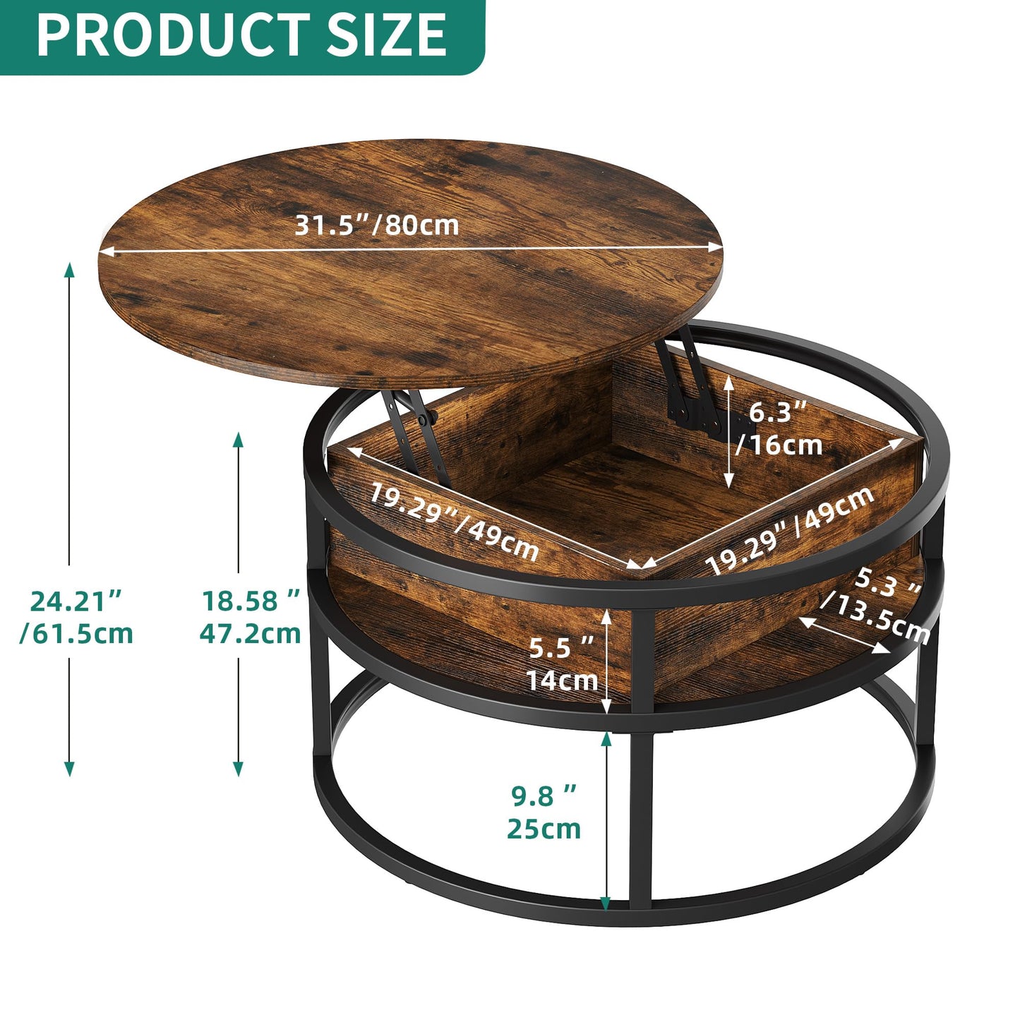 YITAHOME Coffee Table with Lift Top, lift up Coffee Table Round with Hidden Storage Compartment, 60x60x47cm