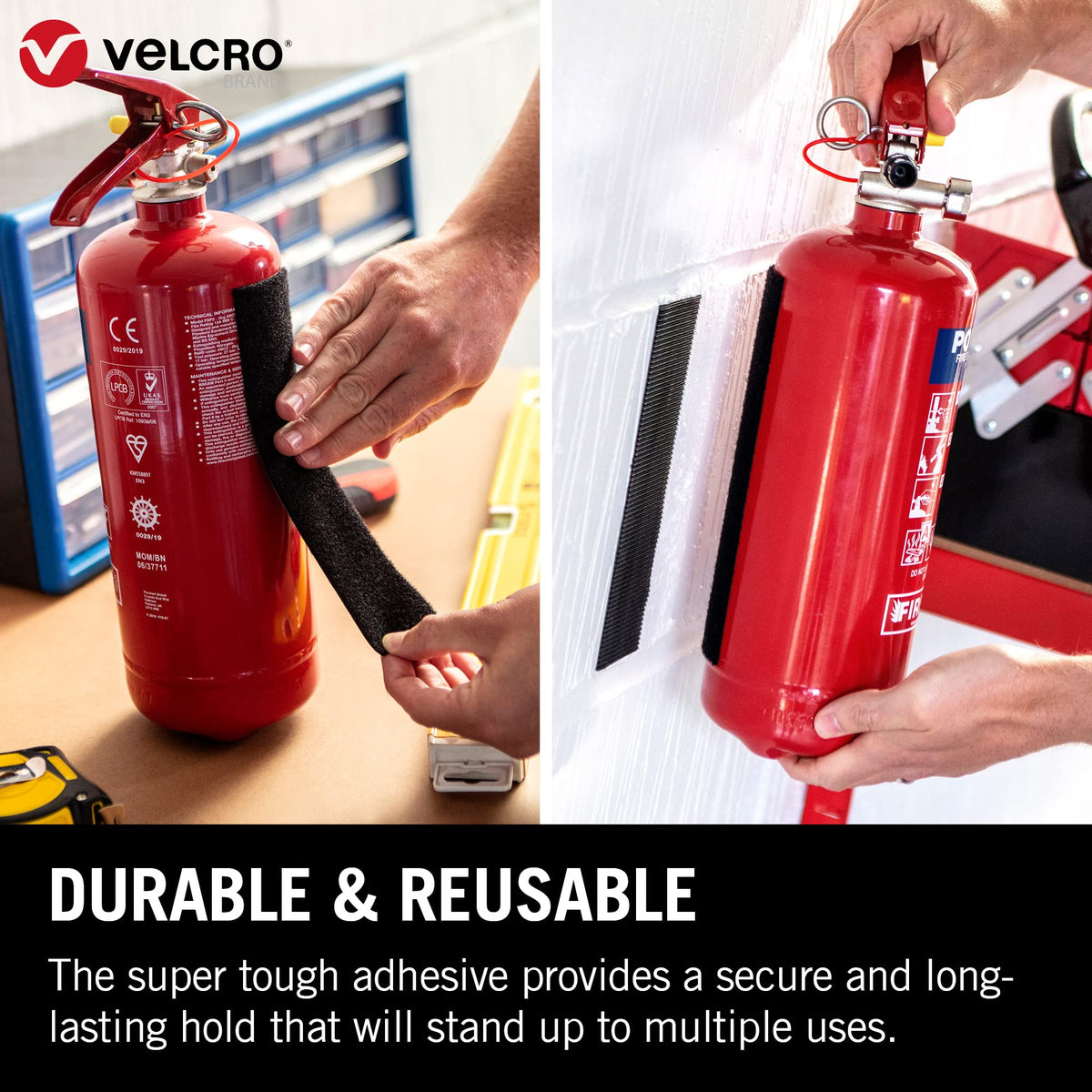 VELCRO Brand Heavy Duty Stick On Tape Cut-to-Length Industrial Extra Strong Double Sided Hook & Loop Self Adhesive Tape Perfect for Room Décor & Home, Office, Garage Use Black 50mm x 1m