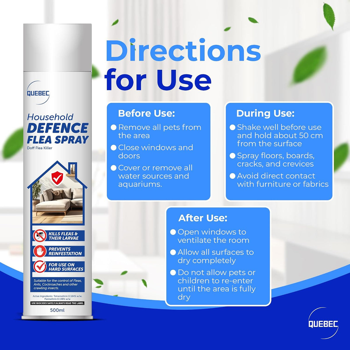 Quebec Household Flea Spray for the Home 500ml, Pack of 3