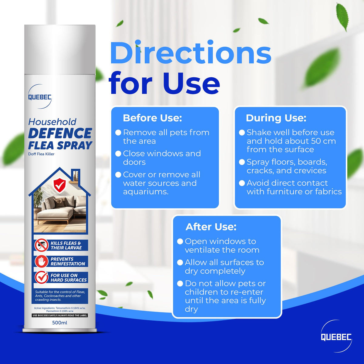 Quebec Household Flea Spray for the Home 500ml, Pack of 3