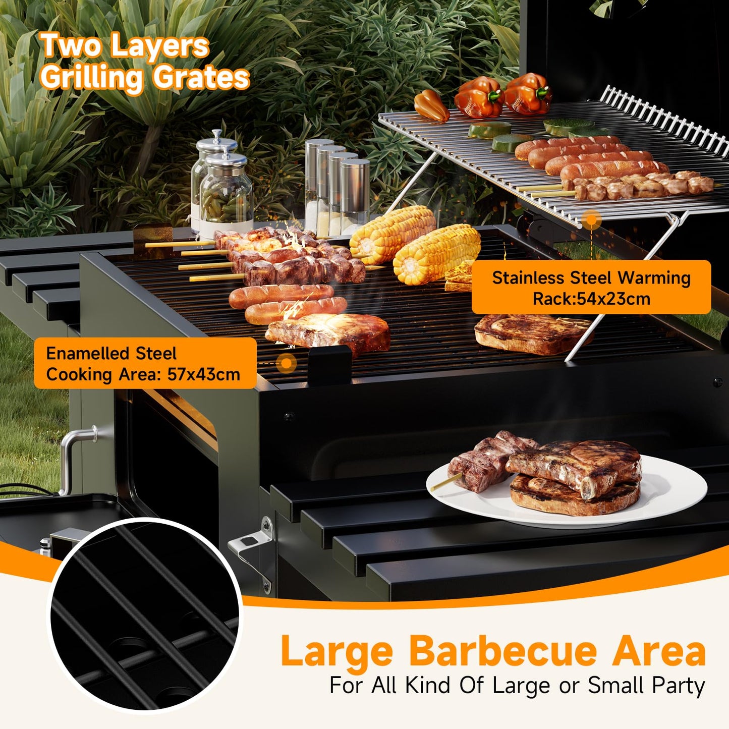 XXXL Smoker Charcoal BBQ, Portable Barbecue Grill with Wheel & 2 Folding Table, Thermometer & Adjustable Charcoal Pan, Large Outdoor BBQ Grill Smoker for Patio Home Garden Cooking
