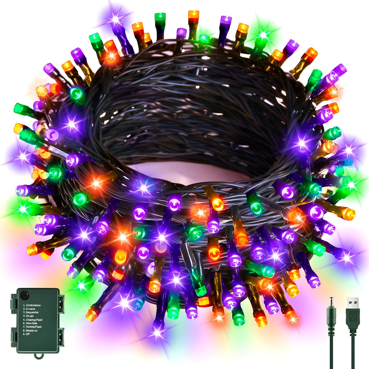 cshare Halloween Decorations Fairy Lights, 20Ft 60LED Orange-Purple USB/Battery String Lights with Timer Waterproof for Outdoor Indoor Autumn Fall Halloween Decorations-Green Wire