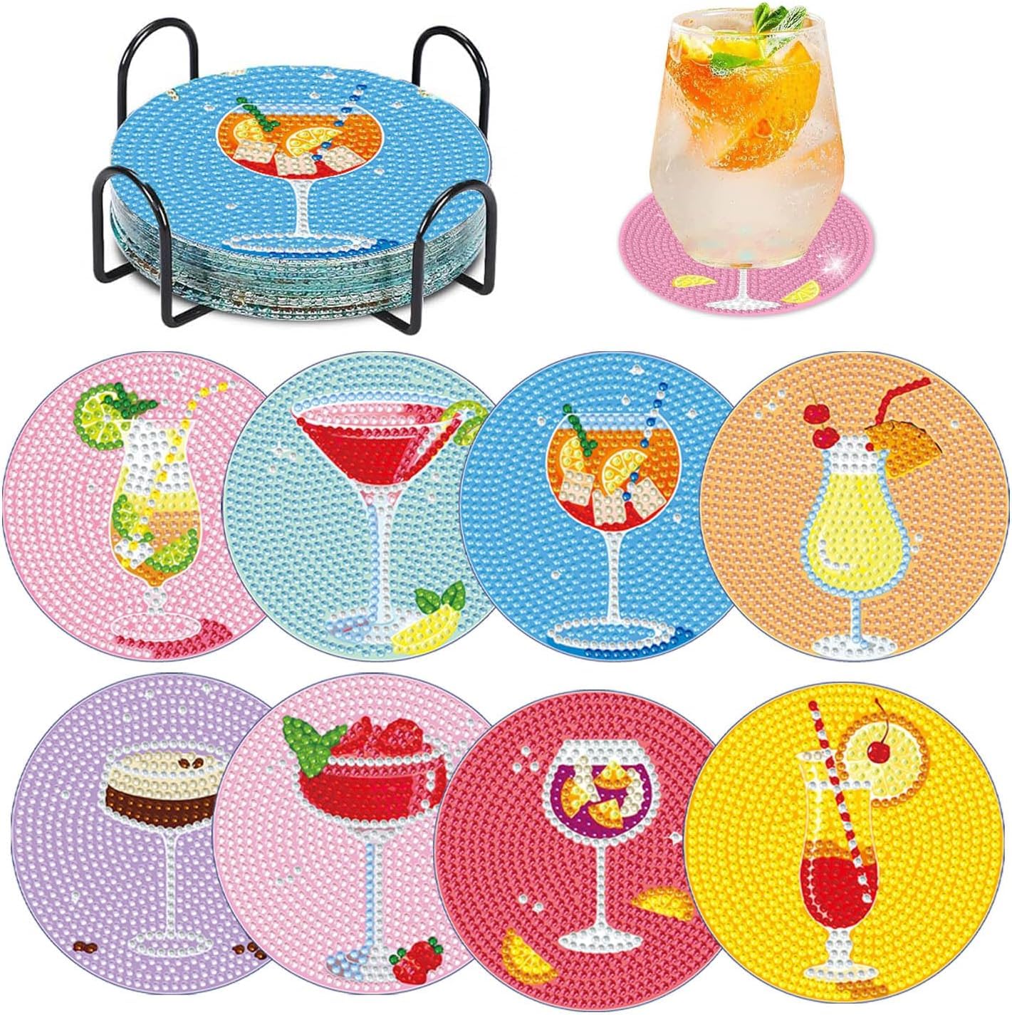 8Pcs Diamond Painting Coasters with Holder,DIY Cocktail Life Coaster Diamond Art Kits for Adults Kids,Beginners Round Full Drill Diamonds Art Craft Supplies