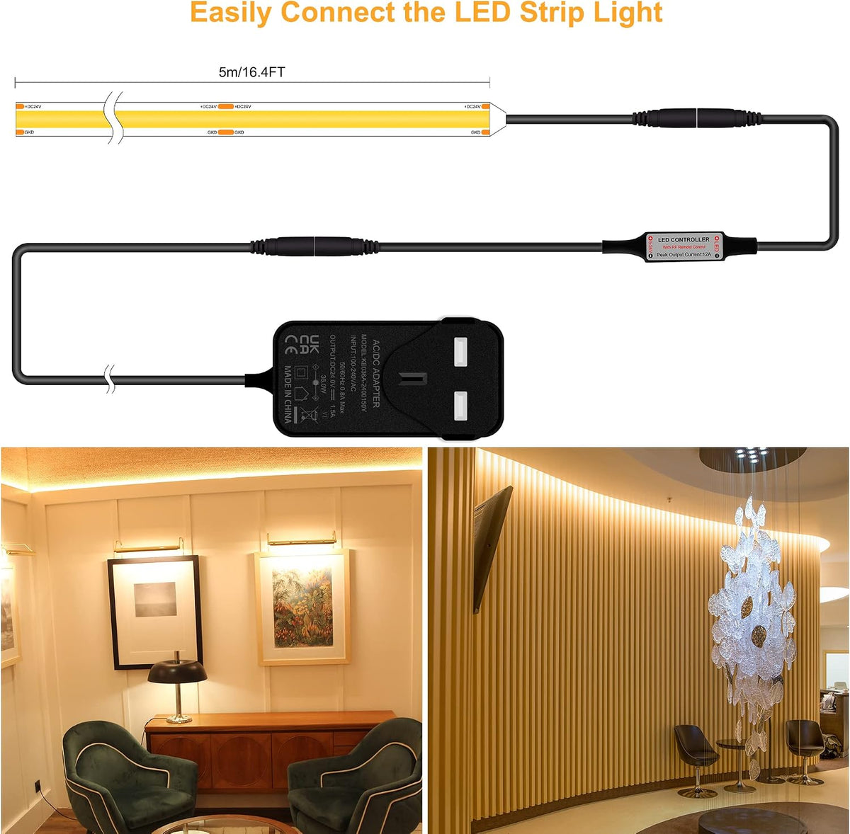 TTWAY COB LED Strip Lights 2700K, Dimmable LED Strip Kit, Super Bright 24V LED Tape Lights CRI90+ with RF Remote and UKCA Power Supply for DIY Home Decoration, 5M, 2400LEDs, Warm White.