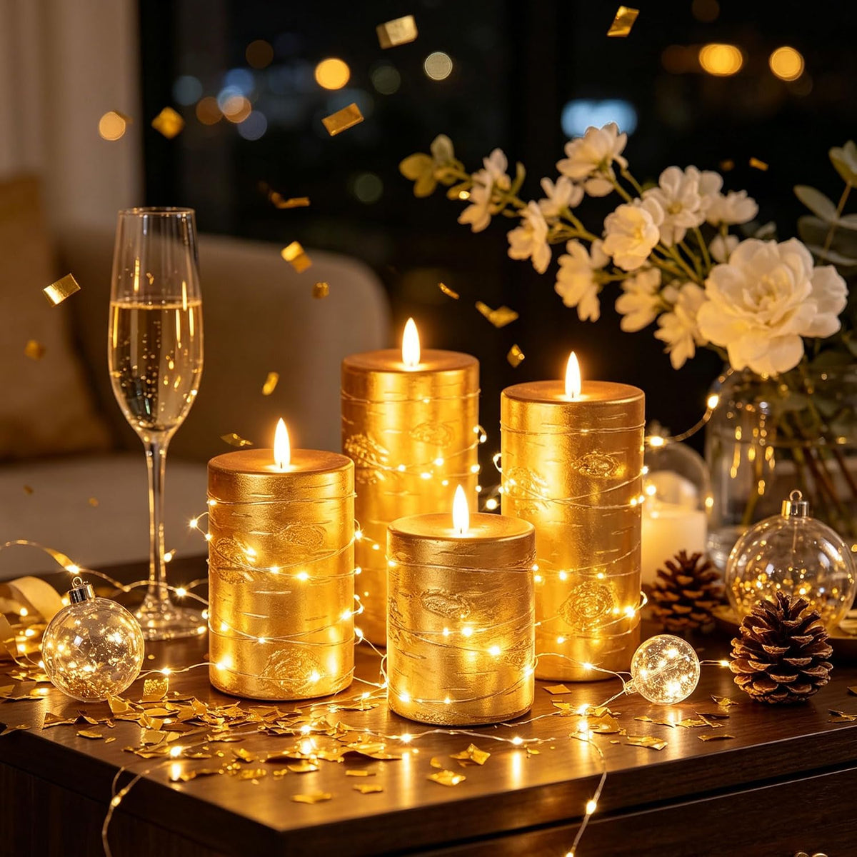 Da by 3 Pack Ivory Flameless LED Candles with Fairy Lights, Realistic Moving Flame Paraffin Wax Candles, Remote Control, Soft Warm Light, 8cm D x 12.5/14.5/16.5cm H, Indoor Wedding Home Decor