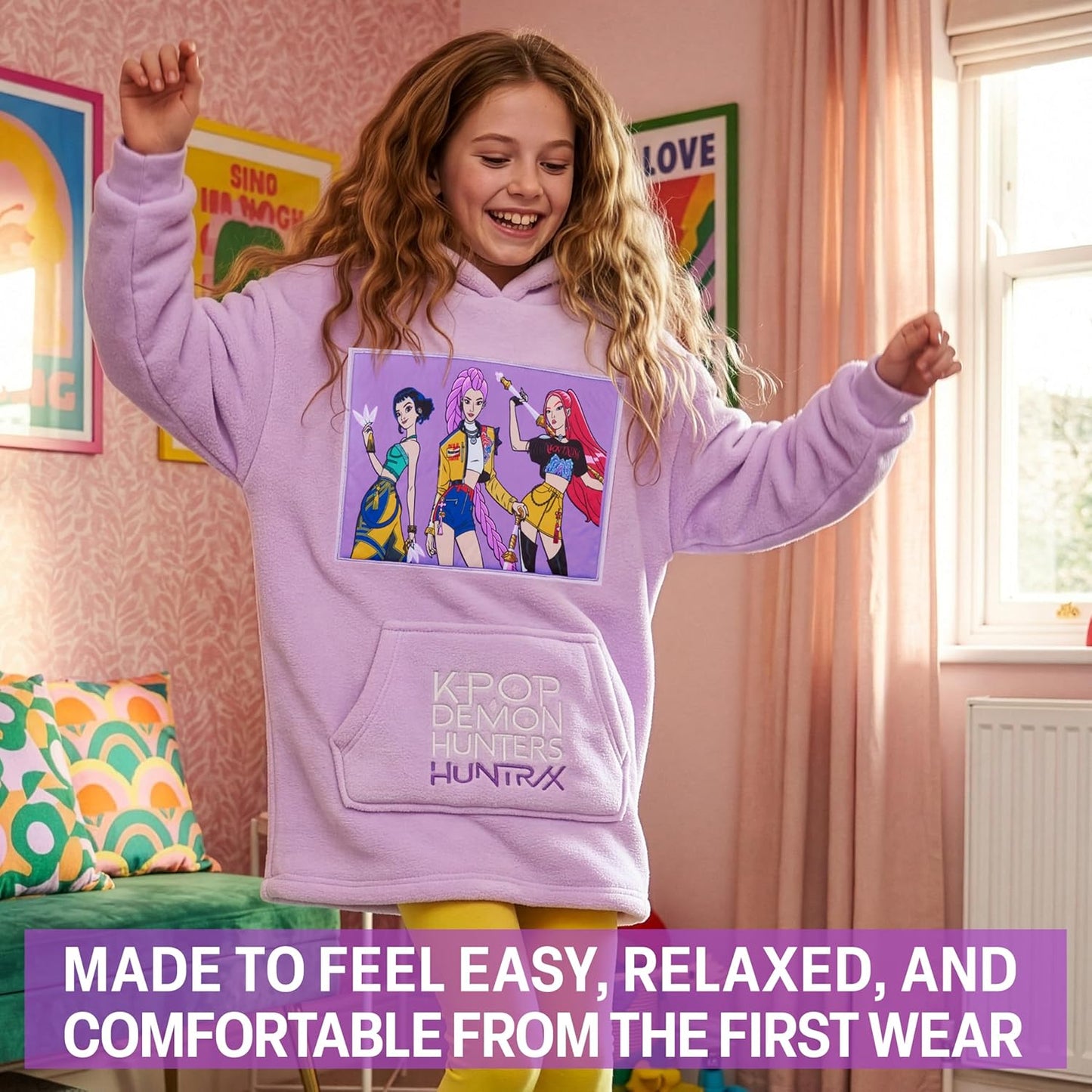 KPop Demon Hunters Official Huntrix Oversized Hoodie for Girls 6-14 Yrs, Sherpa Fleece Hooded Jumper, Rumi Mira Zoey Gifts Light Purple