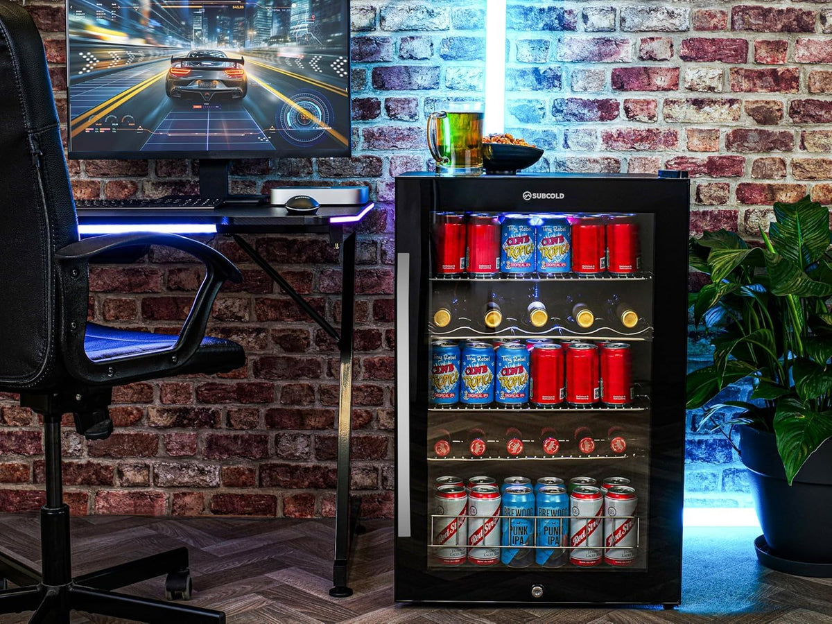 Subcold Ace90 LED Touch Control Beer Fridge With Glass Door | Premium Drinks & Wine Fridge | Black Alu Handle, Auto Defrost, Lockable | 91 Cans | Ideal for Home Bar Undercounter