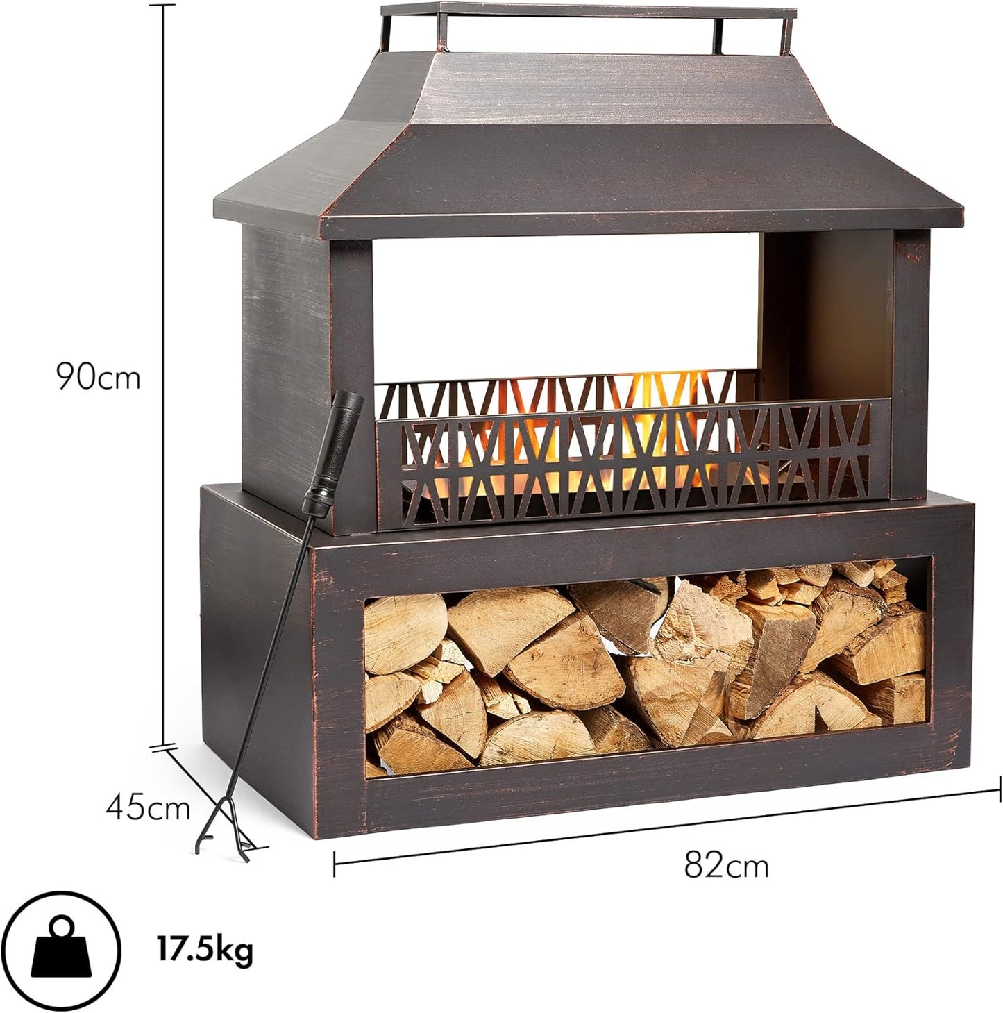 VonHaus Outdoor Fireplace, Fire Pit with Log/Wood Store for Garden, Patio, Fuel with Wood, Logs, Charcoal, Brushed Metallic Finish, Geometric Design, Steel, Weather Resistant, Includes Fire Poker