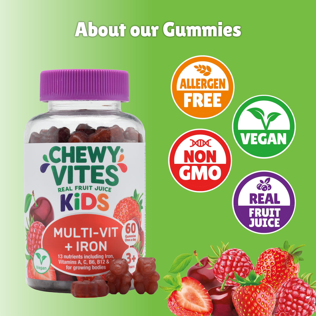 Chewy Vites Kids Multivitamin Advance, 60 Kids Vitamins Gummies, 11 Essential Nutrients, 2 Months Supply, Real Fruit Juice, Vegan, Age 3 +, Blueberry and Raspberry Flavour