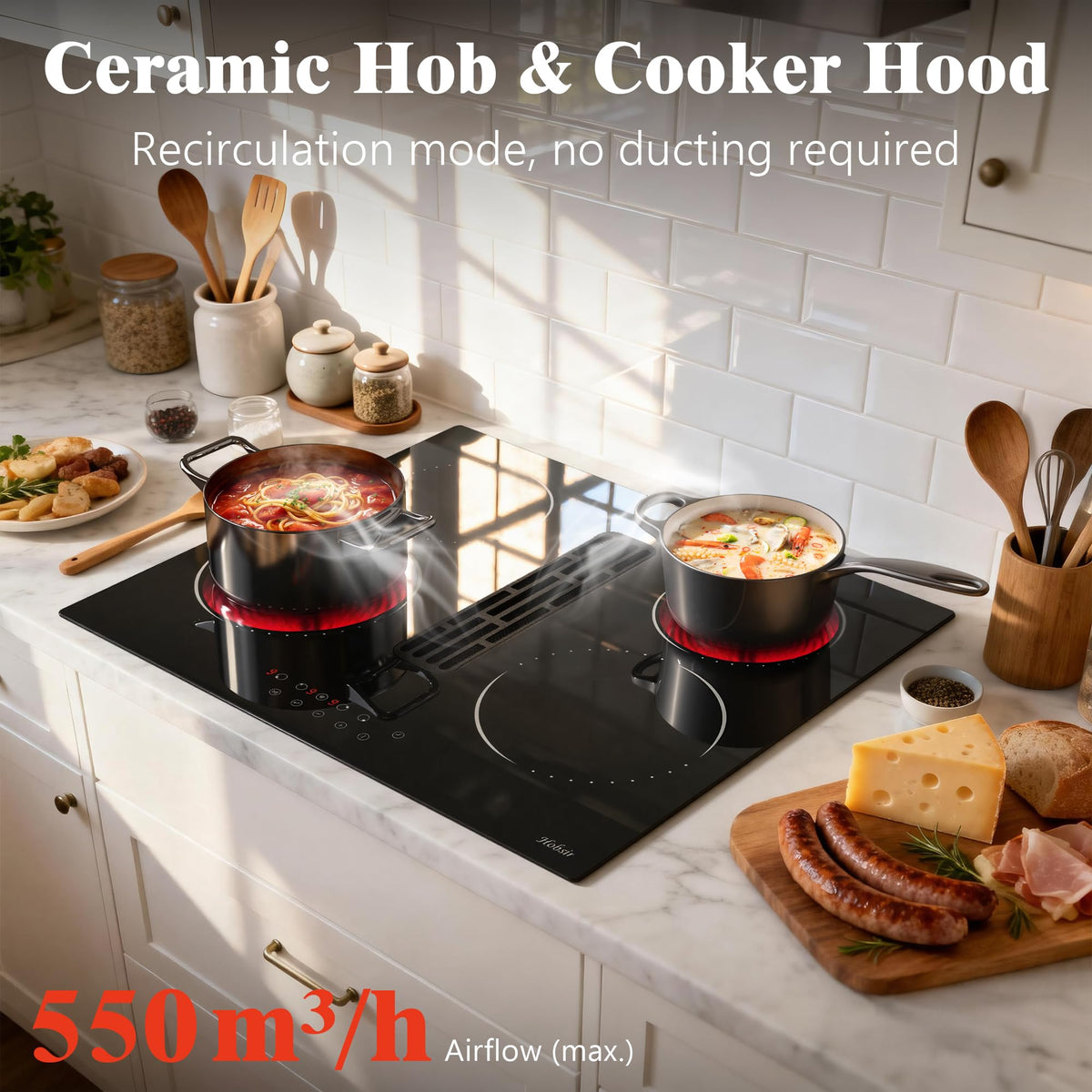 Hobsir Ceramic Hob with Knobs, Built-in Electric Cooker Hob 4 Burners 60 cm