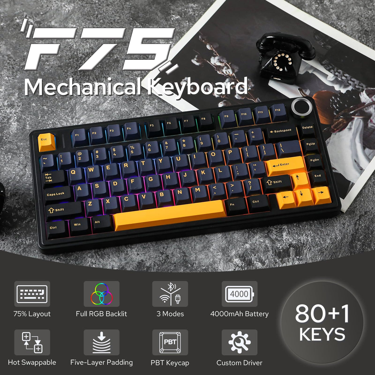 EPOMAKER AULA F75 Wireless Mechanical Gaming Keyboard, 75% Layout with Knob