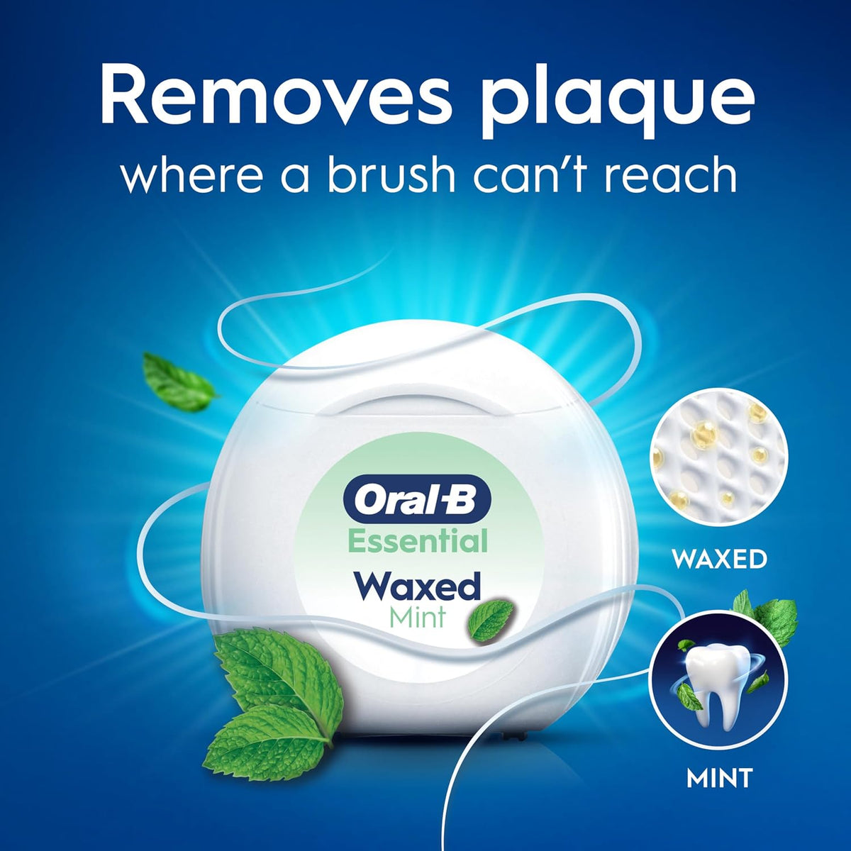 Oral-B Essential Floss - Removes Plaque - Waxed Dental Floss for Tight Spaces - Shred-Resistant - Mint - 2x50M Roll