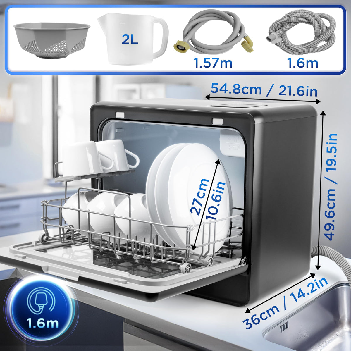 Duronic Table Top Dishwasher DW5 BK 950W Compact Tabletop Dish Washer Mini 5L Dishwashers with 8 Wash Cycles Electric Countertop Cleaner for Quick Eco Cleaning Plates Glass Cutlery Fruit (BLACK)