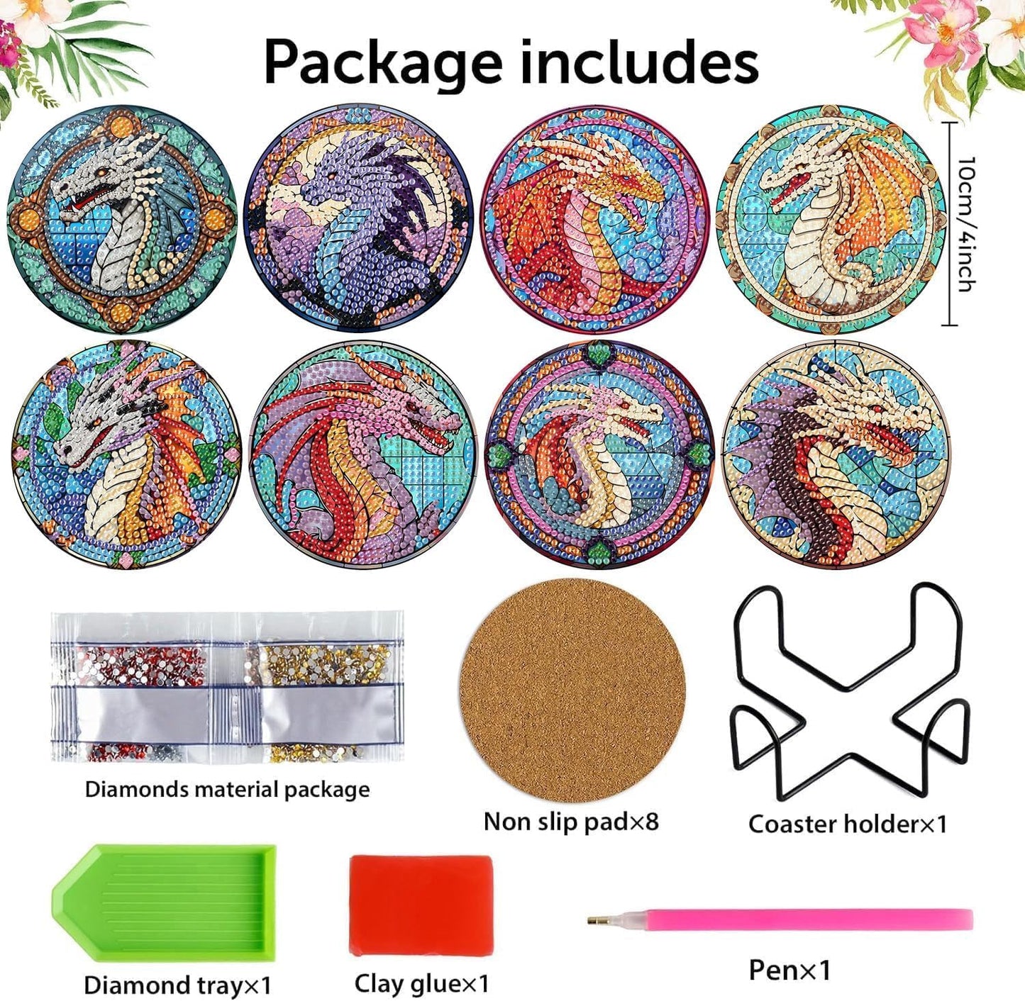 8Pcs Diamond Painting Coasters with Holder,DIY Cocktail Life Coaster Diamond Art Kits for Adults Kids,Beginners Round Full Drill Diamonds Art Craft Supplies